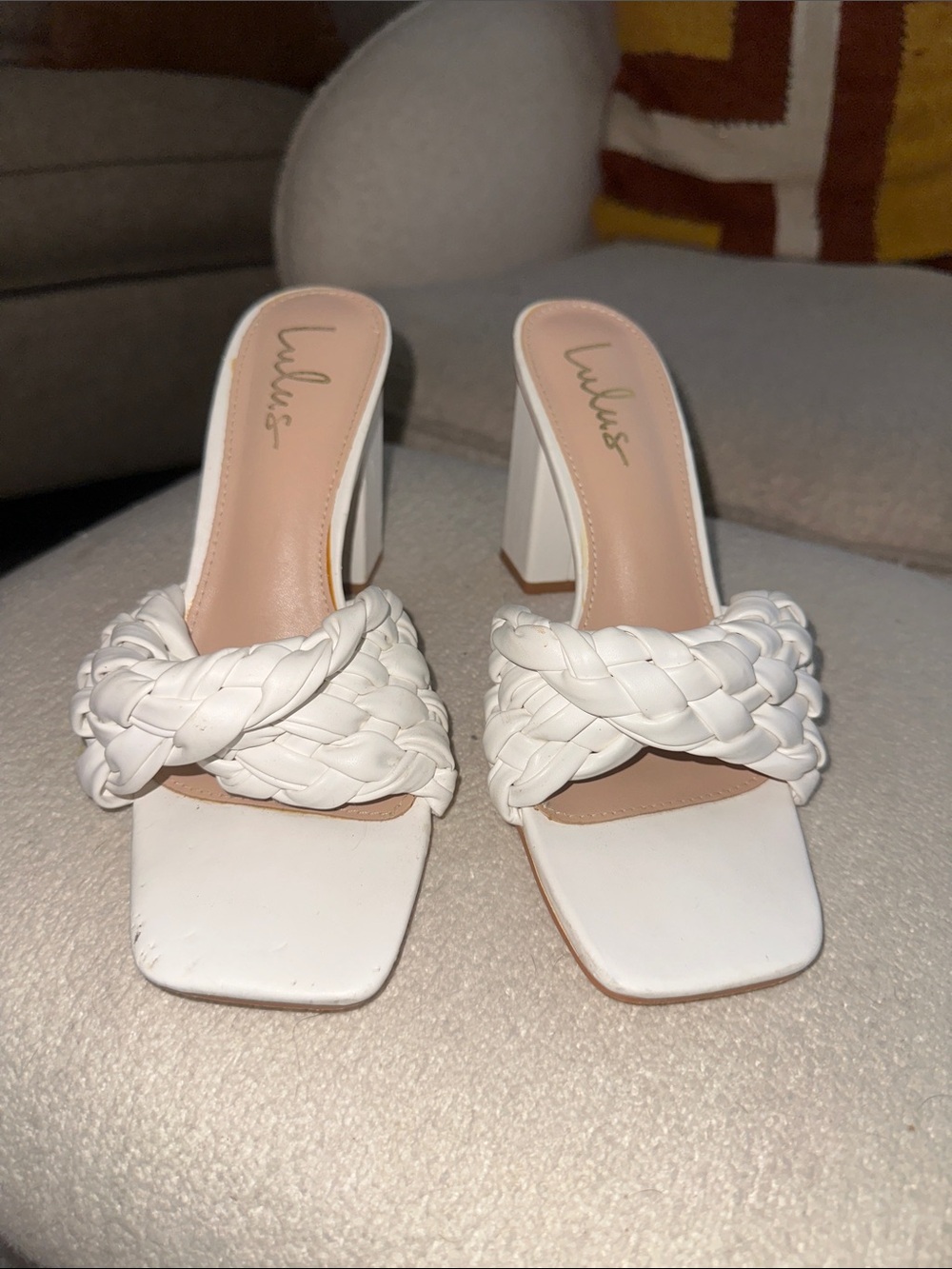 Lulu's White Braided Square-Toe Block Heel Mules